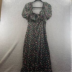 Prim  Black Queen Anne Neck Pleated Short Sleeve Floral Fruit Midi Dress NWT